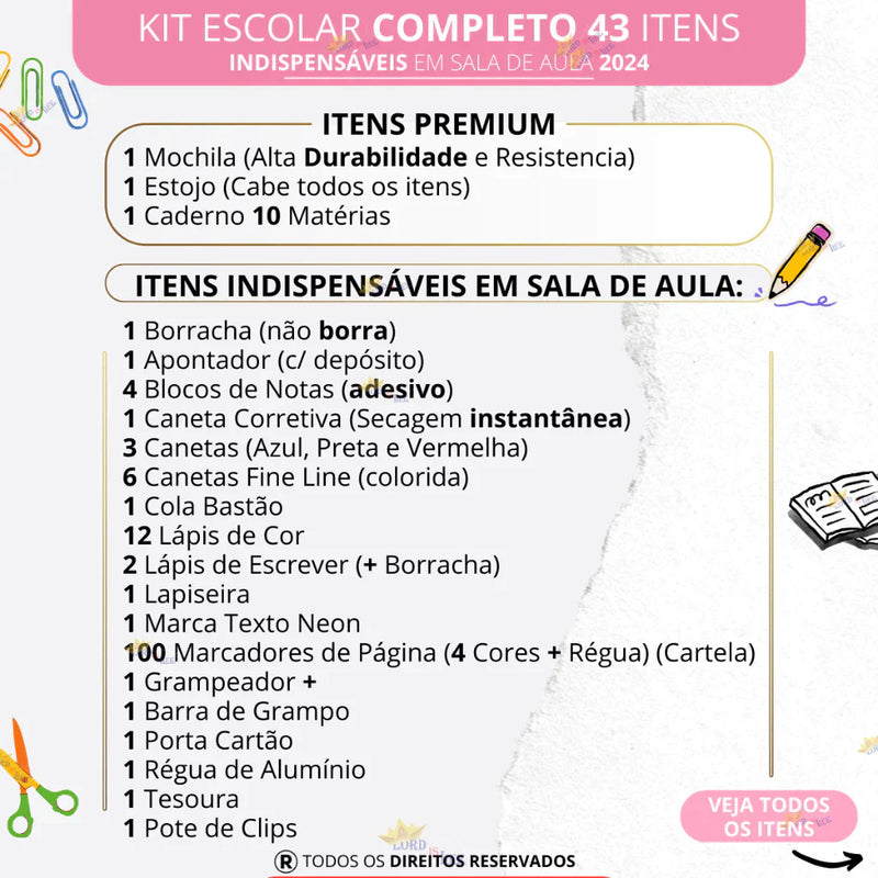 Kit Material Escolar Feminino Completo Mochila Feminina Escolar Material Estojo Escolar Menina Rosa