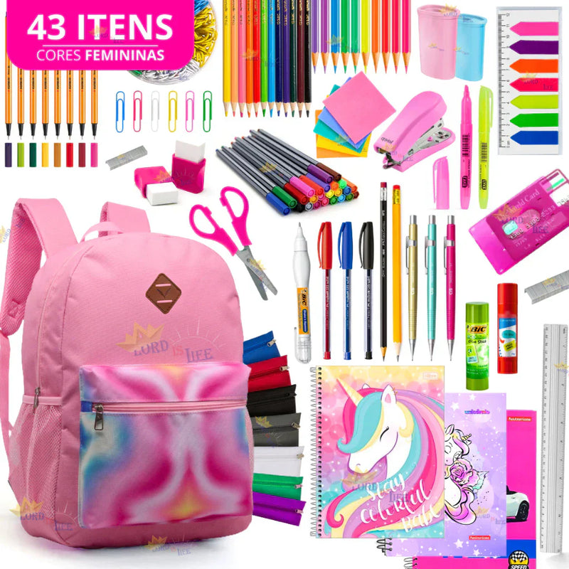 Kit Material Escolar Feminino Completo Mochila Feminina Escolar Material Estojo Escolar Menina Rosa