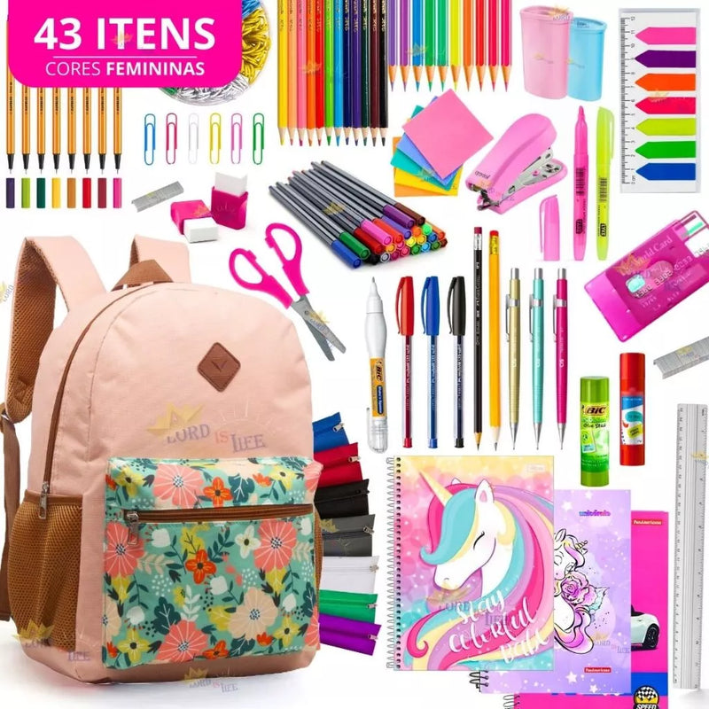 Kit Material Escolar Feminino Completo Mochila Feminina Escolar Material Estojo Escolar Menina Rosa