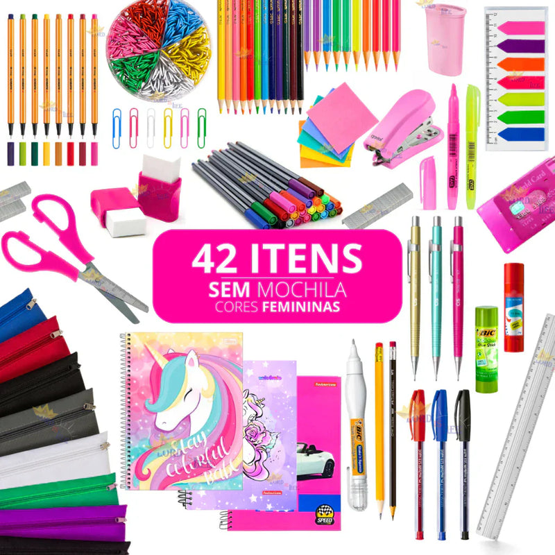 Kit Material Escolar Feminino Completo Mochila Feminina Escolar Material Estojo Escolar Menina Rosa