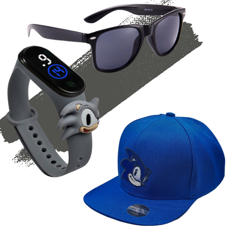 Kit Boné Infantil Óculos e Relógio de Led Digital Personagem Sonic Criança 04 a 12 Anos Barato