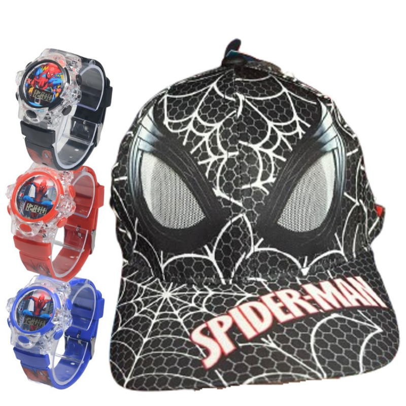 Boné e Relógio Infantil Kit Chapéu Menina Menino Personagem Disney Marvel Homem Aranha Patrulha Canina Barbie Moda Praia