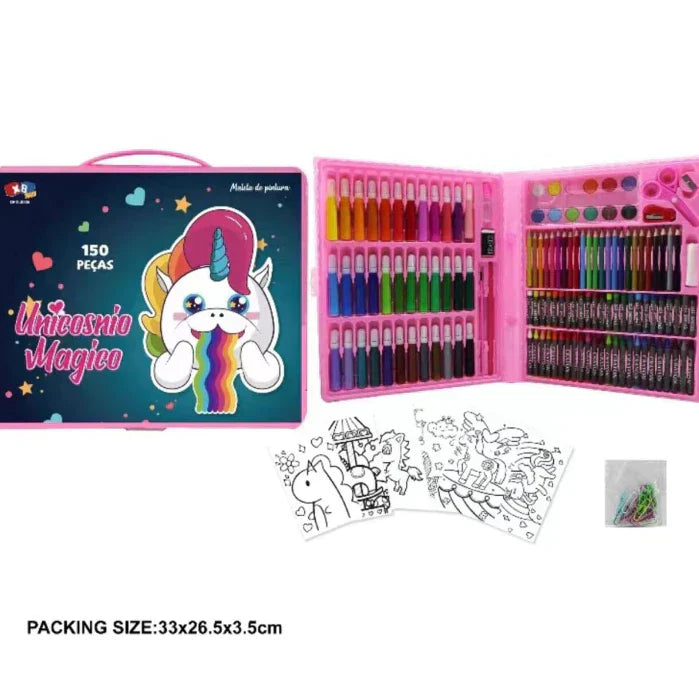 Estojo Maleta de Pintura Infantil - Kits de 24 a 150 Peças com Canetinhas, Giz, Lápis e Desenhos para Colorir